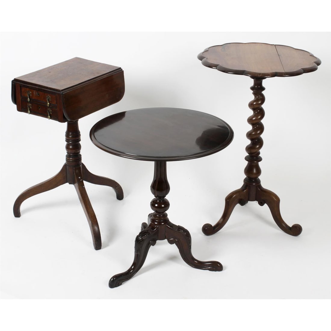 Victorian and later side tables: Assorted Victorian and later side tables of varying form to include tea tables, a three tier jardinière and a barley twist pie crust table (qty) S/D Condition Report: