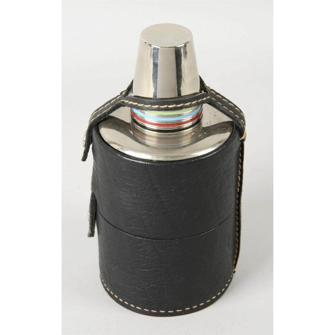 Two silver plated stacking flasks with four shot cups, in leather case.: Two silver plated stacking flasks, of squat, cylindrical form with engine turned screw lids and four shot cups, each with coloured rim, within leather case with two popper fastenings. Height of all it