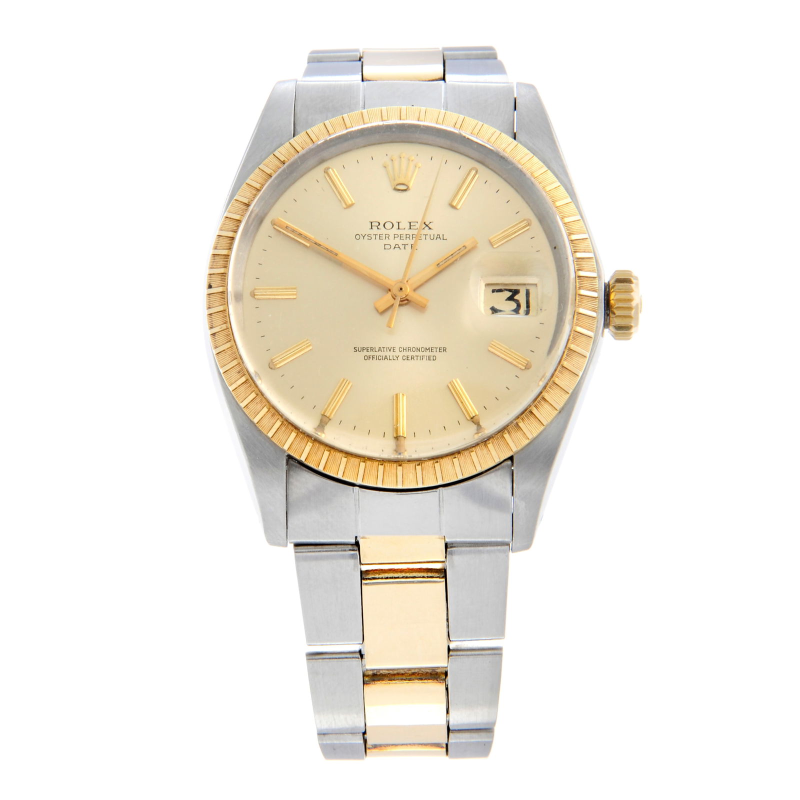 Rolex - an Oyster Perpetual Date bracelet watch. Circa 1974. Stainless steel case with yellow metal (1 of 6)