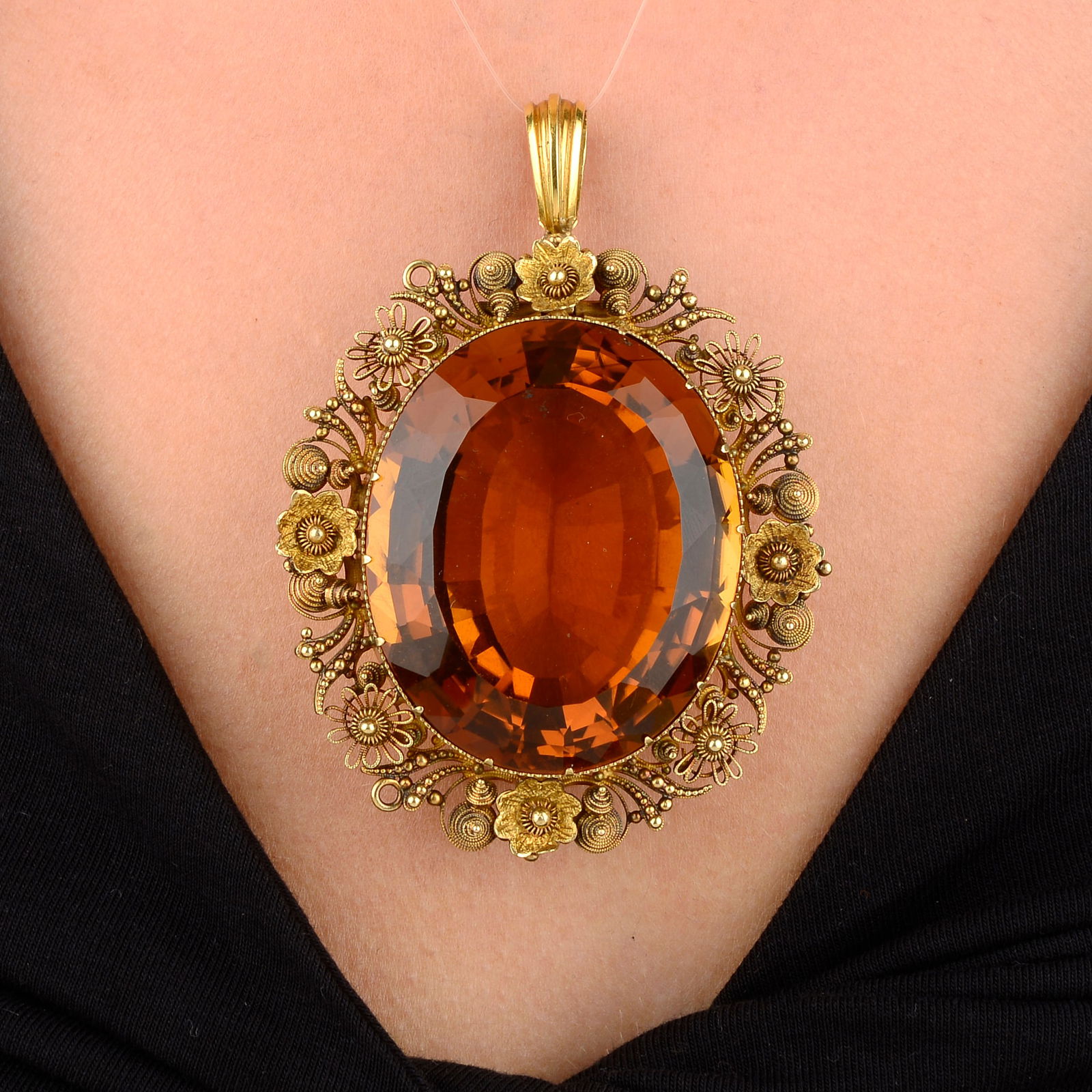 An early to mid 19th century gold floral cannetille citrine pendant.Citrine calculated weight (1 of 4)