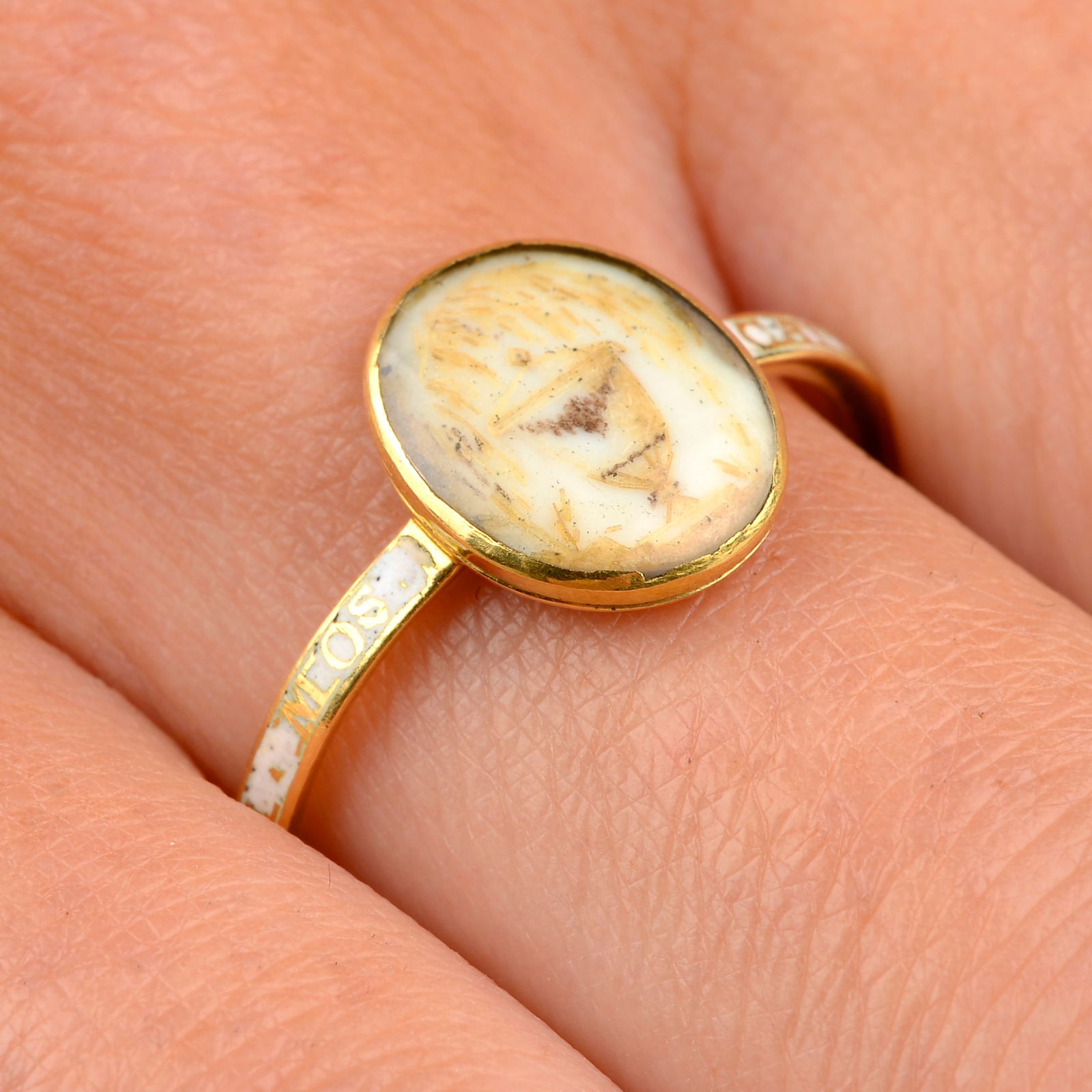 A Georgian infants gold mourning ring, the ivory and hairwork urn and weeping willow glazed panel, (1 of 6)