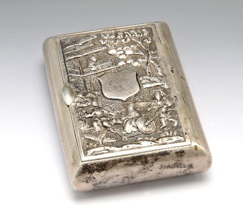 Oriental white metal snuff box of oblong form.: Oriental white metal snuff box of oblong form decorated in high relief with bamboo to the reverse and a figurative scene to the front with vacant shield cartouche, unmarked. Height measuring 3 inches 