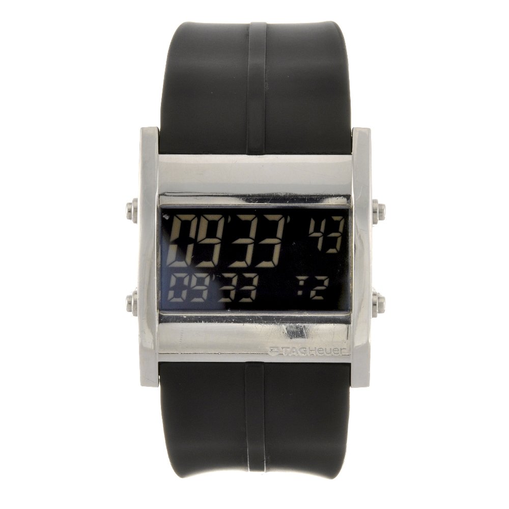 A stainless steel quartz gentleman's Tag Heuer Mic: TAG HEUER - a stainless steel quartz gentleman's MicroTimer wrist watch, the black digital display, rectangular case numbered CS111C-1 CR3564, fitted to an authentic rubber strap with deployant clasp.