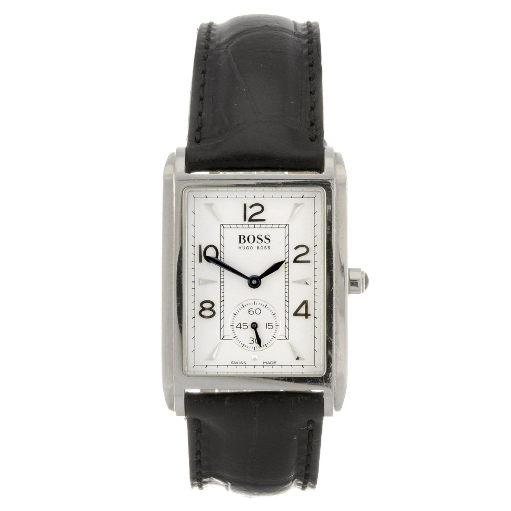 A group of watches to include examples by Boss, Pl: A stainless steel quartz gentleman's Hugo Boss wrist watch, the white dial with Arabic numerals, interspaced with chevron markers, bordered by a minute track, subsidiary seconds dial positioned to six