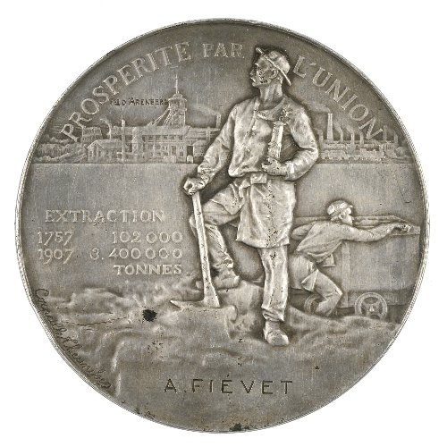 France, Coal Mining interest, Compagnie des Mines : France, Coal Mining interest, Compagnie des Mines d'Anzin, silver medal for the 150th Anniversary 1757-1907 by Corneille Theunissen, two miners underground, view of mineworks above, named below to A F
