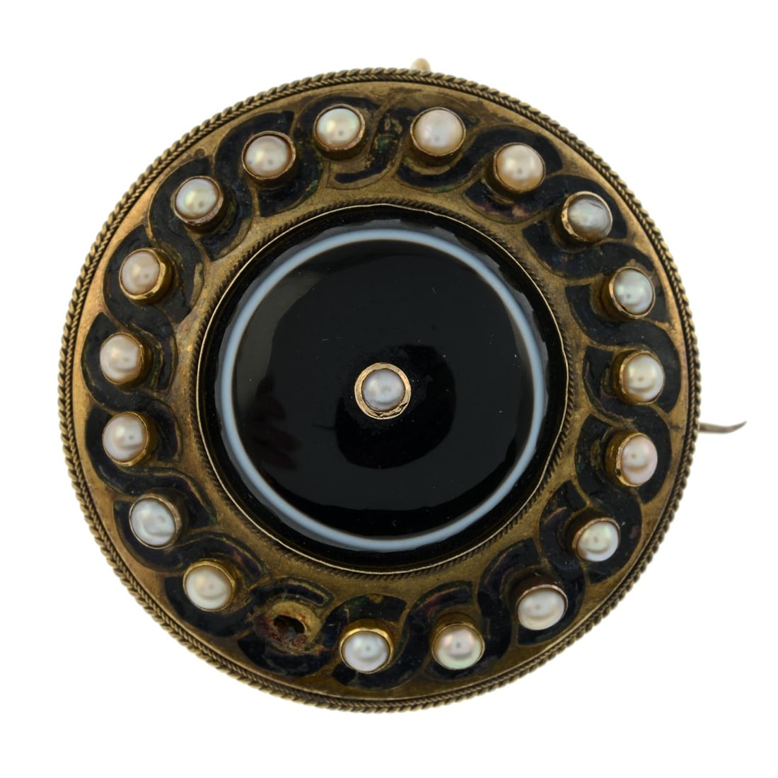 19th century 15ct gold agate, split pearl & enamel memorial brooch: 19th century 15ct gold agate, split pearl & enamel memorial brooch. One split pearl deficient. Reverse engraved