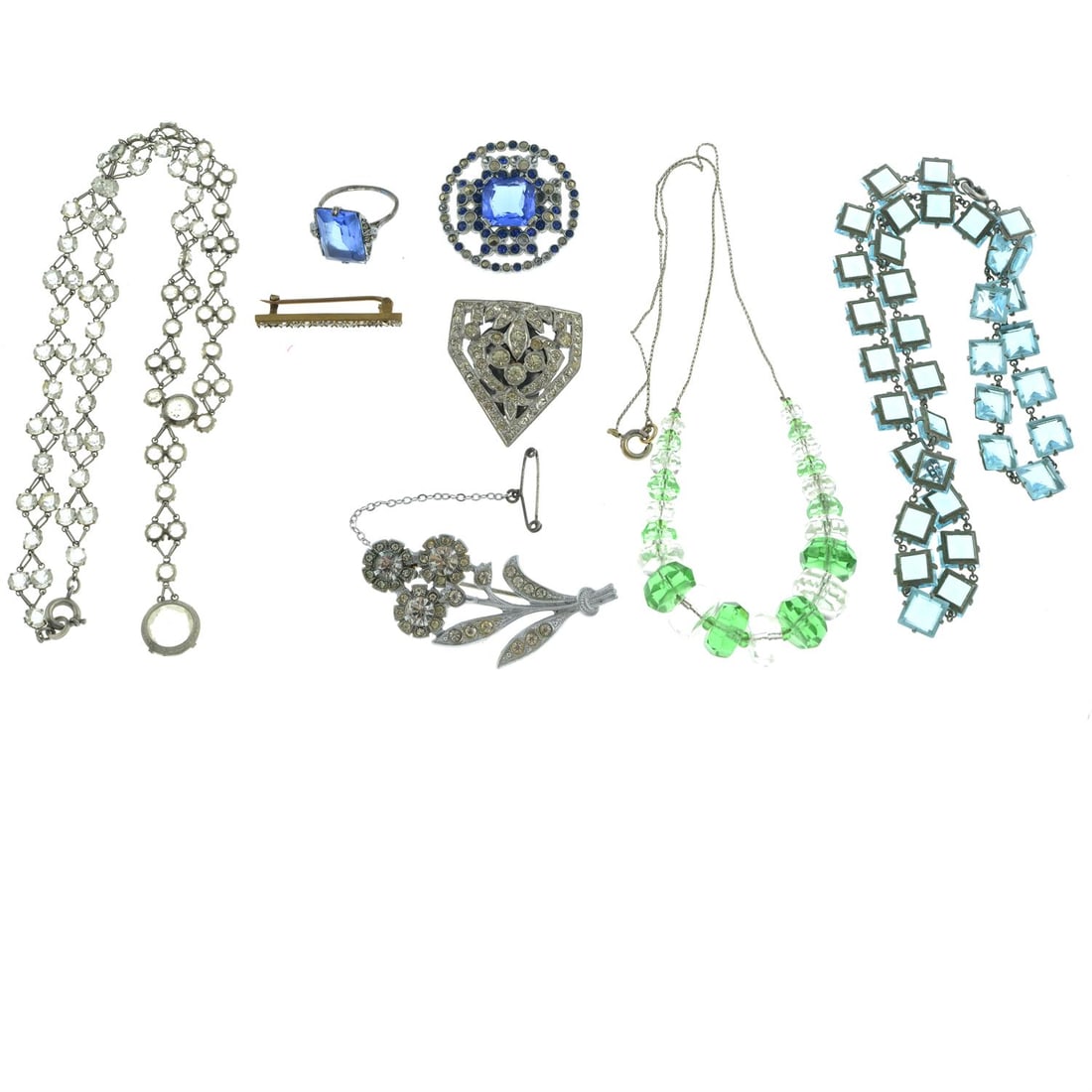 Assorted art deco and later gem-set jewellery: Assorted art deco and later gem-set jewellery. Ring stamped 925. Ring size H. Length of necklaces from 40.5 to 45cms. 76.4gms. Condition Report: Due to the amount of items in this lot we are un