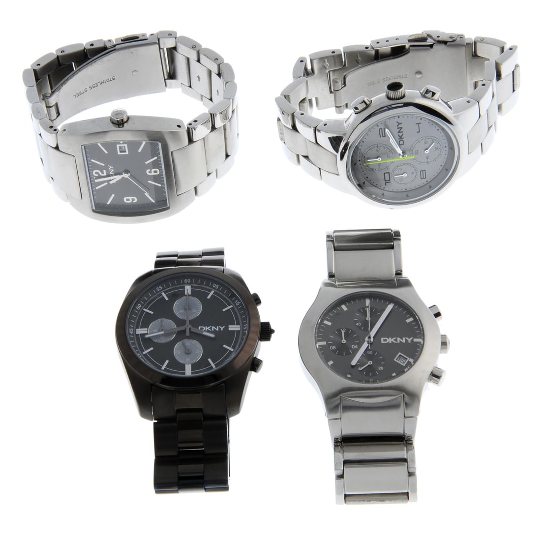 A group of four watches by DKNY.: A group of four watches by DKNY. To include three chronograph examples. All recommended for spares or repairs purposes only. Condition Report: