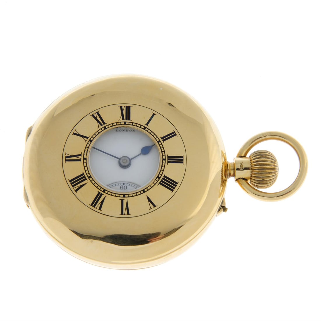 A half hunter pocket watch signed Sir John Bennett Ltd., 49mm.: A half hunter pocket watch signed Sir John Bennett Ltd. 18ct yellow gold case hallmarked London 1928. Case width 49mm. Numbered 61112. Signed keyless wind three-quarter plate movement with ratchet too