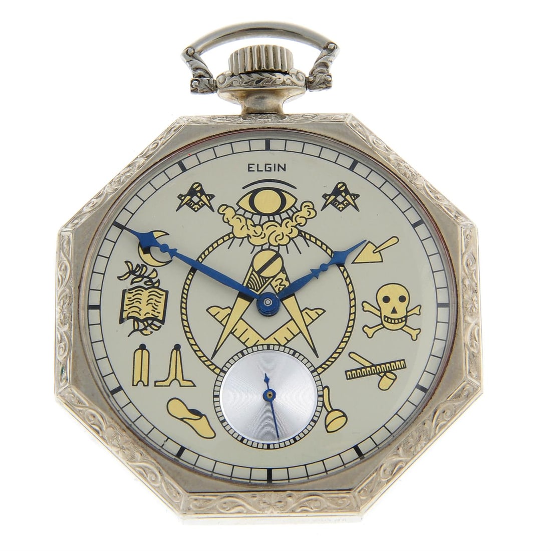 An open face freemason pocket watch by Elgin, 43mm.: An open face masonic pocket watch by Elgin. 14k white gold filled case. Case width 43mm. Numbered 3614547. Signed keyless wind movement with club tooth lever escapement. Silvered dial. Condition Repor