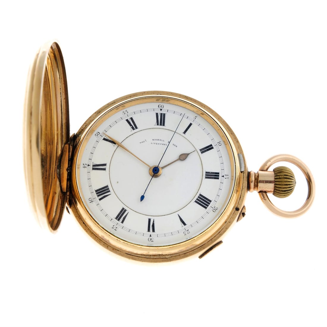 A full hunter pocket watch signed Thomas Russell & Son, 55mm.: A full hunter centre seconds pocket watch signed Thomas Russell & Son. Gold plated case. Case width 55mm. Numbered 110589. Signed keyless wind three quarter plate movement with ratchet tooth lever esc