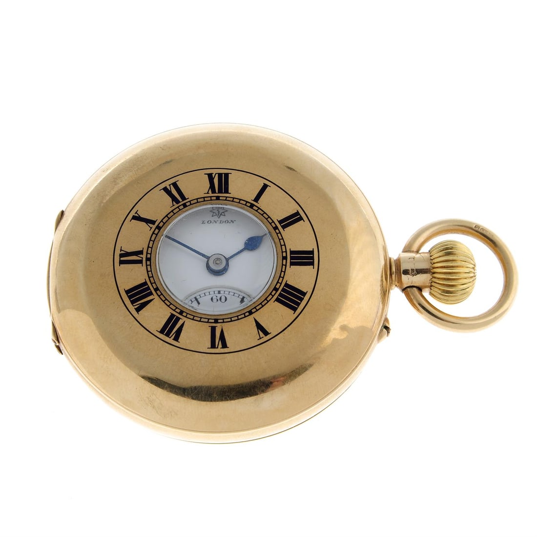 A half hunter pocket watch by Rotherhams, 48mm.: A half hunter pocket watch by Rotherhams. 9ct yellow gold case hallmarked Birmingham 1934. Case width 48mm. Signed keyless wind three quarter plated movement with ratchet tooth. White dial. 83g. Condi