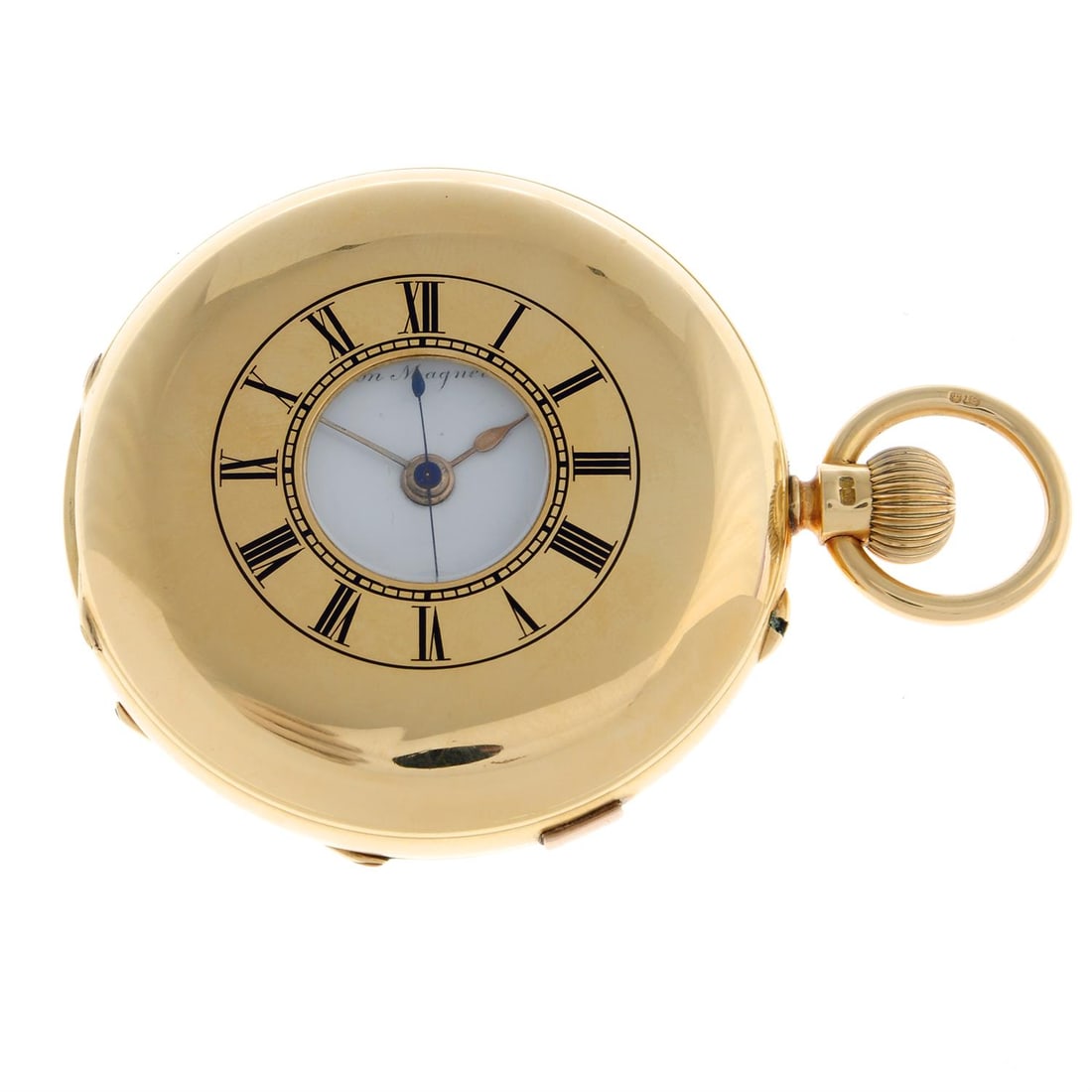 A half hunter centre seconds pocket watch, 53mm.: A half hunter centre seconds pocket watch. 18ct yellow gold case hallmarked Chester 1893. Case width 53mm. Unsigned keyless wind three quarter plate movement with ratchet tooth lever escapement. White
