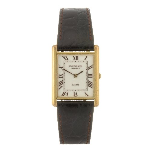 A gold plated quartz gentleman's Raymond Weil wrist: RAYMOND WEIL - a gold plated quartz lady's Tradition wrist watch, the cream tone dial with brown Roman numerals, inner minute track, H shaped case, numbered 10 5767, fitted to an authentic dark brown 