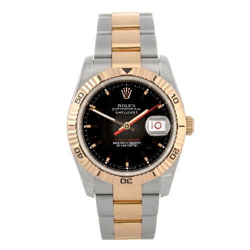 (058545) A bi-metal automatic gentleman's Rolex Dat: (058545) ROLEX - a bi-metal automatic gentleman's Oyster Perpetual Datejust Turn-o-Graph bracelet watch circa 2005, black dial with hourly applied batons, outer minute track, date aperture positioned