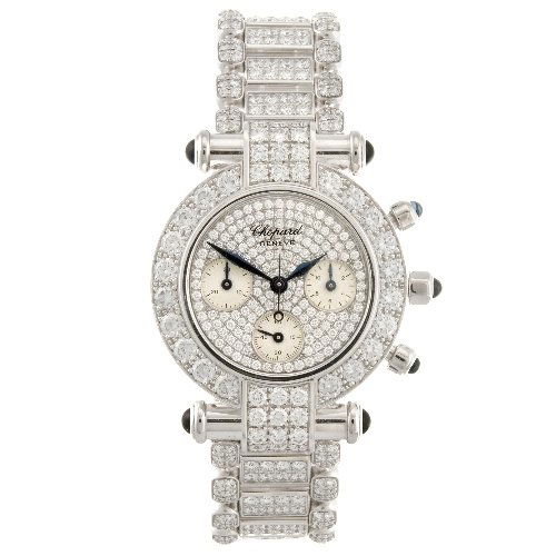 An 18k white gold quartz chronograph Chopard Imperi: CHOPARD - an 18k white gold quartz chronograph Imperiale bracelet watch, the pave set dial pave set with 0.74ct of round brilliant cut diamonds, subsidiary recorder dials positioned to three, six and