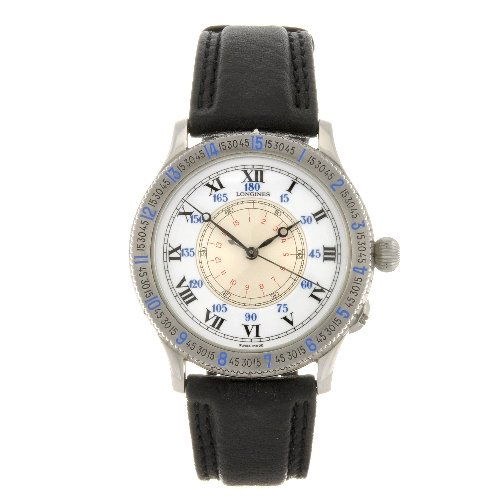 A stainless steel automatic gentleman's Longines Li: LONGINES - a stainless steel automatic gentleman's Lindbergh Hour Angle wrist watch, the two tone dial with black Roman numerals, bordered by a minute track, inner blue Arabic divisions, rotating beze