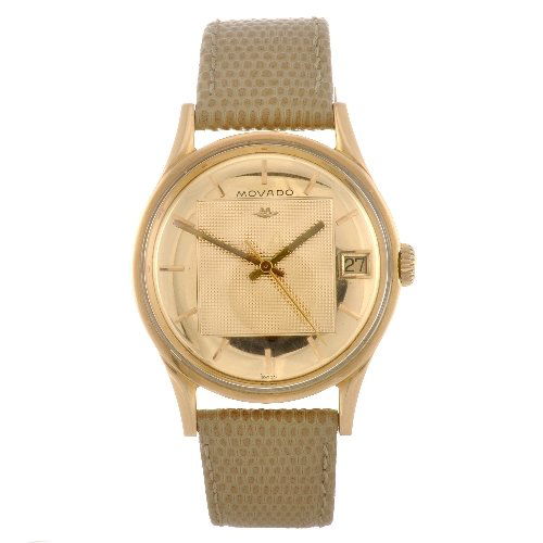 An 18k gold automatic gentleman's Movado Kingsmatic: MOVADO - an 18k gold automatic gentleman's Kingmatic S wrist watch, the champagne tone high polish dial with textured centre, hourly applied gilt batons, date aperture to three o'clock, round case sta