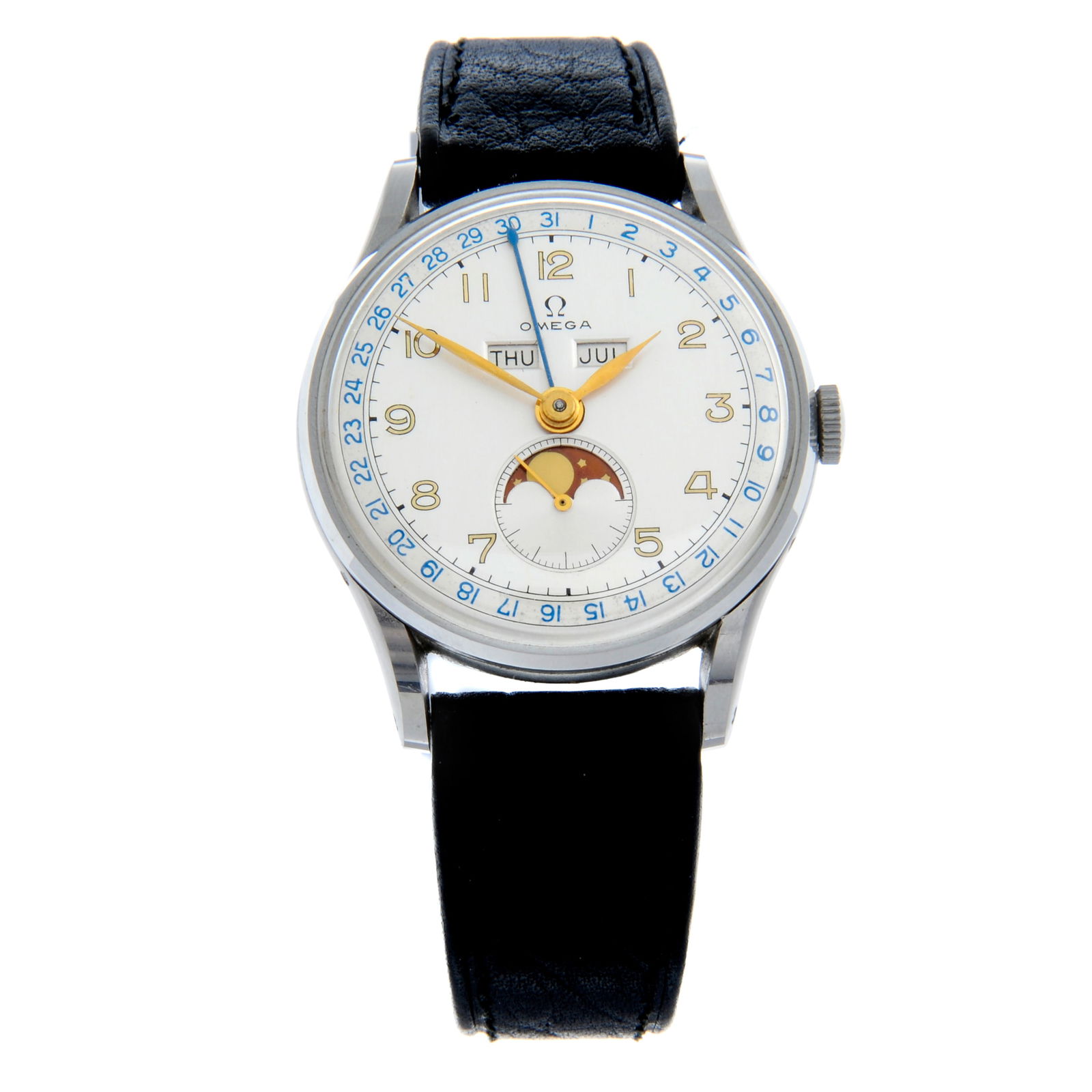 Omega - a Cosmic triple calendar wrist watch. Stainless steel case. Case width 34mm. Reference (1 of 5)