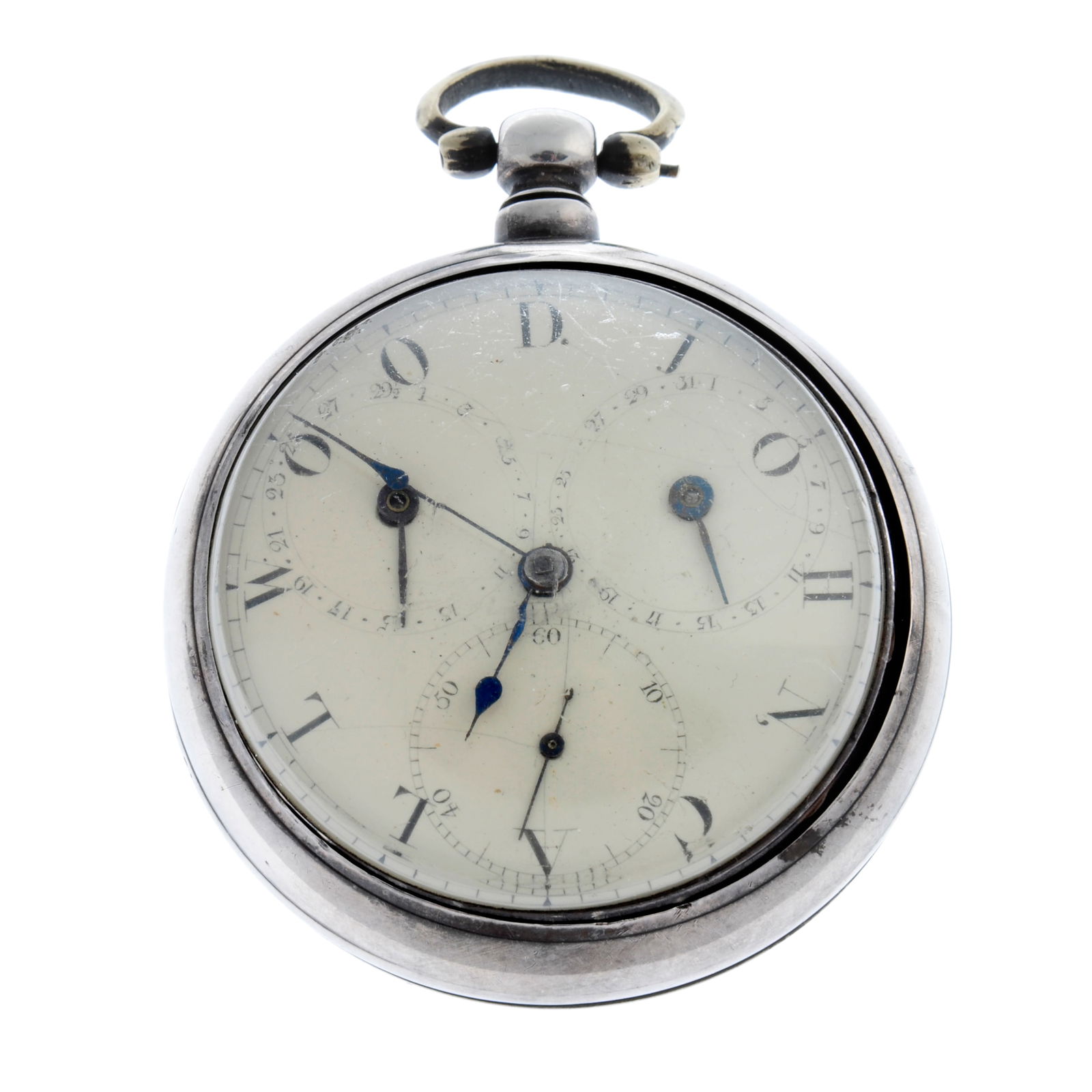 A pair case date pocket watch by J. Birchal. Silver cases, hallmarked London 1819. Outer case 56mm,: A pair case date pocket watch by J. Birchal. Silver cases, hallmarked London 1819. Outer case 56mm, inner case 50mm. Signed key wind fusee and chain movement with verge escapement, pierced balance coc