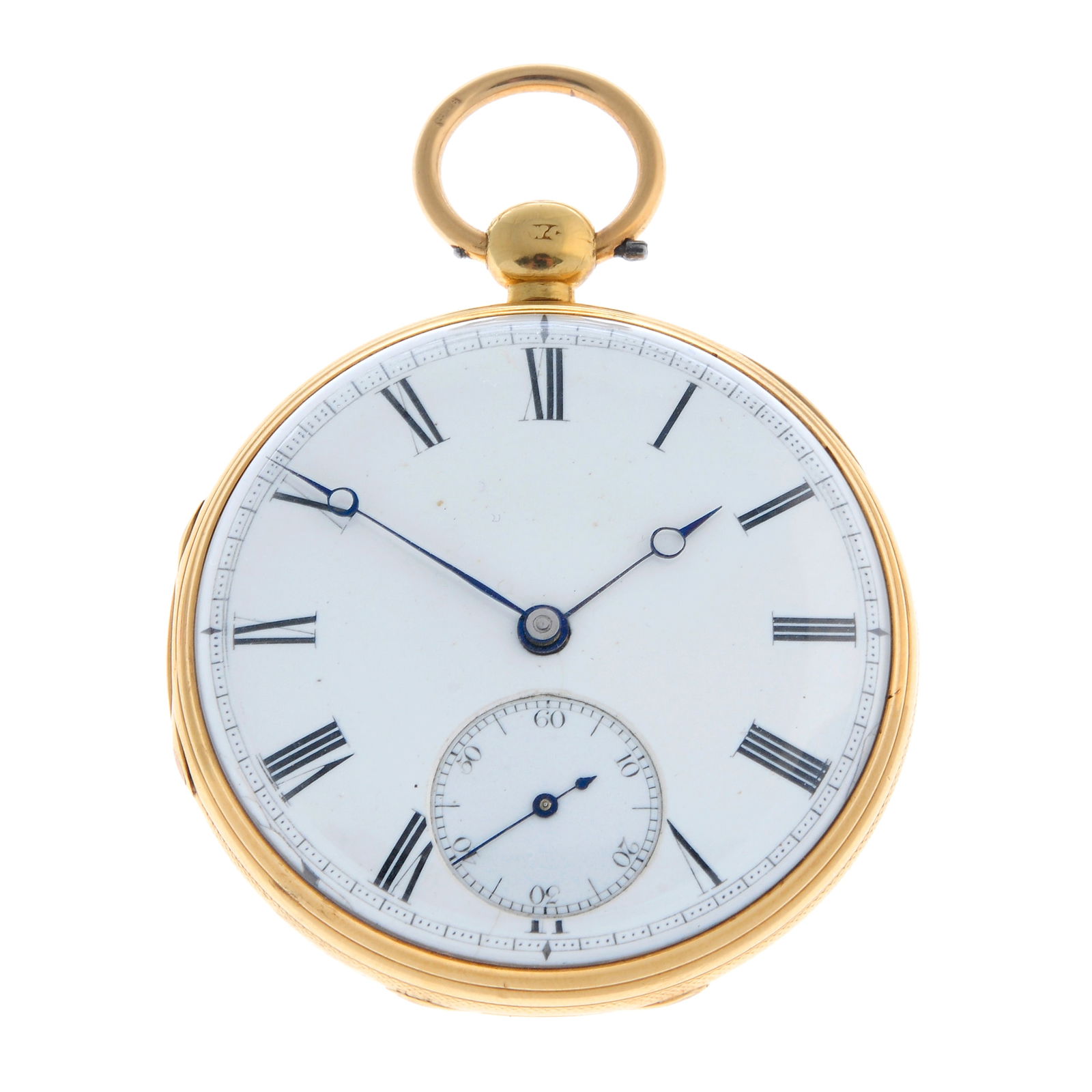 An open face pocket watch by F. B. Adams. 18ct yellow gold case hallmarked London 1836. Case width: An open face pocket watch by F. B. Adams. 18ct yellow gold case hallmarked London 1836. Case width 44mm. Signed key wind three quarter plate movement with ratchet tooth lever escapement. White dial wi