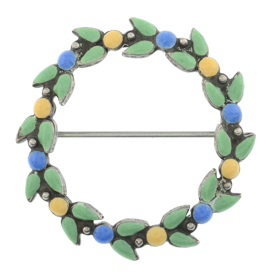 Arts & Crafts enamel brooch, Bernard Instone: An Arts and Crafts silver enamel wreath brooch, by Bernard Instone. With maker's mark. Stamped SILVER. Length 3.4cms. 4.8gms. Condition Report: General light marks, wear and discolouration in kee