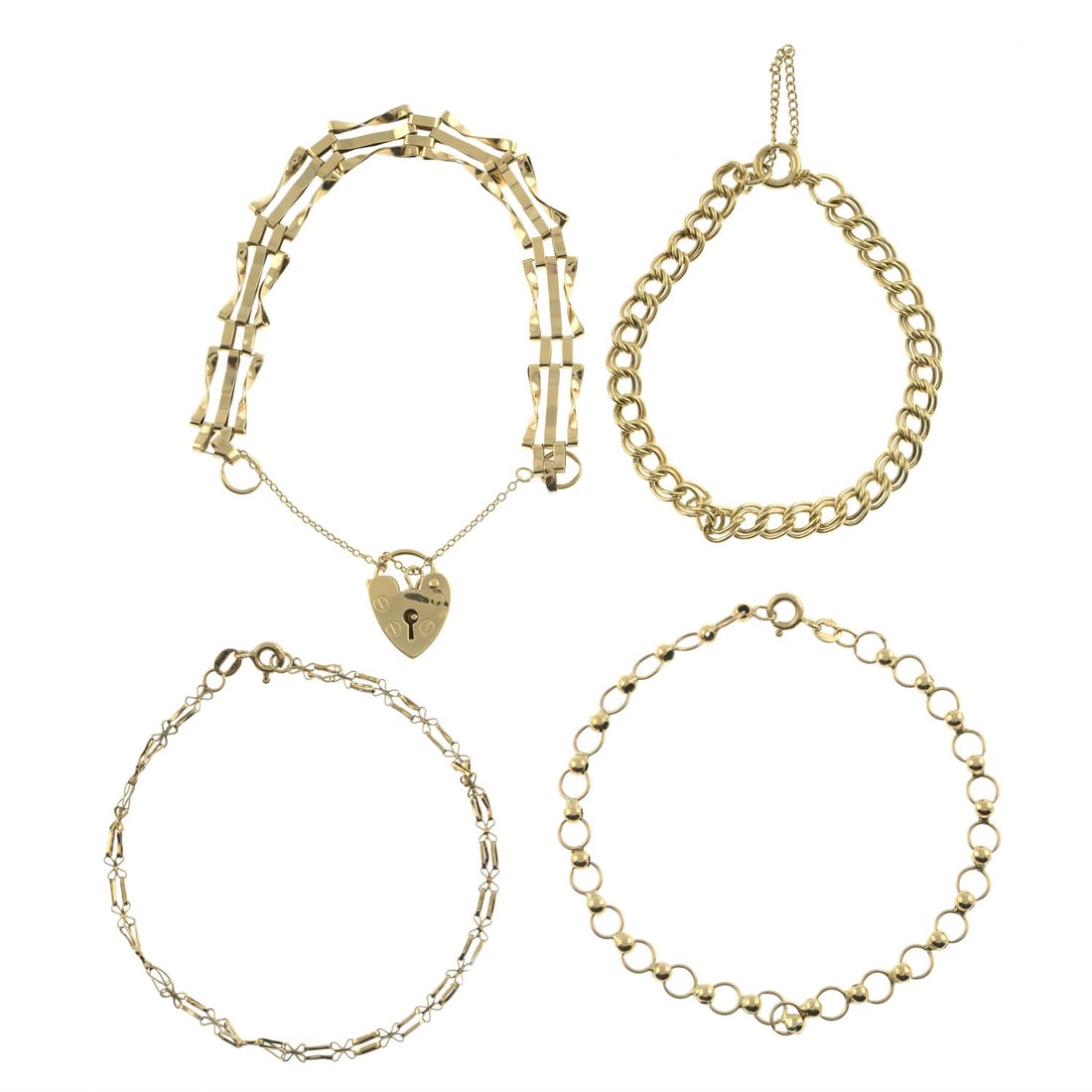 Four 9ct gold bracelets: Four 9ct gold chain bracelets. All with 9ct gold hallmarks. Lengths 17.5 to 21cms. 18.9gms. Condition Report: General light marks, wear, discolouration and minor dents in keeping with general age and
