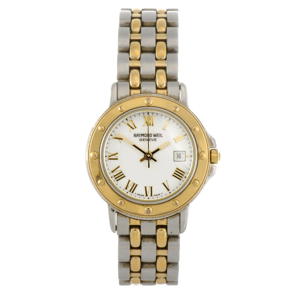 A bi-colour quartz lady's Raymond Weil Tango bracel: RAYMOND WEIL - a bi-colour quartz lady's Tango bracelet watch, the white dial with gilt Roman numerals, bordered by a minute track, date aperture positioned to three o'clock, round case fitted to a bi