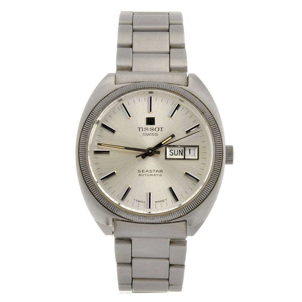 A stainless steel automatic gentleman's Tissot Sea: TISSOT - a stainless steel automatic gentleman's Seastar bracelet watch, the silvered sunburst effect dial with hourly applied batons, bordered by a minute track, split day and date aperture to three