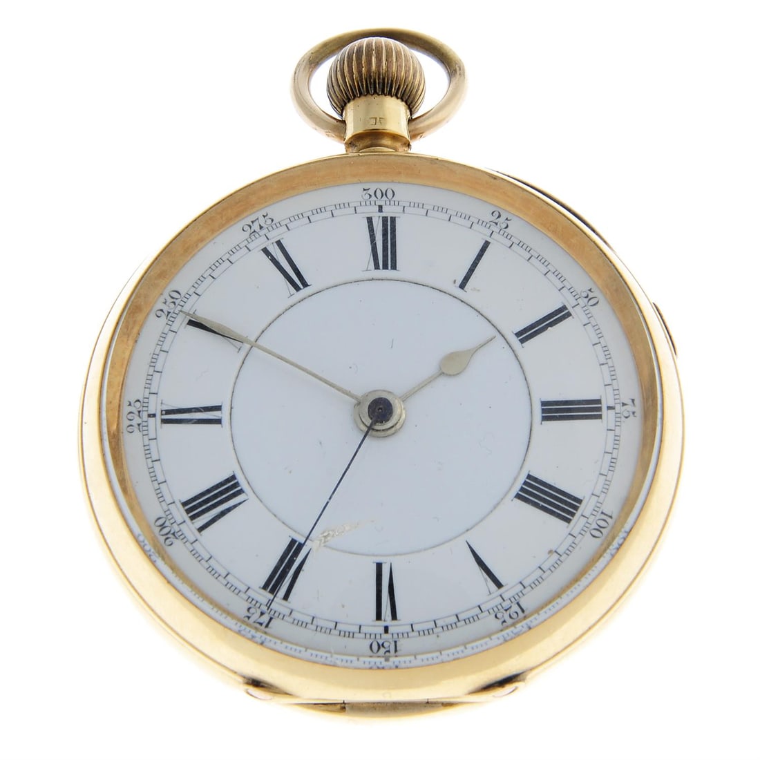 An open face centre seconds pocket watch, 50mm.: An open face centre seconds pocket watch. 18ct yellow gold case with engraved case back, hallmarked Chester 1899. Case width 50mm. Unsigned keyless wind three quarter plate movement with ratchet tooth