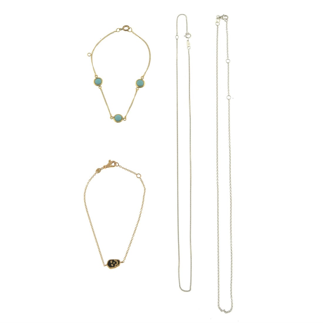 Two chains & two bracelets.: Two chains, together with a blue paste bracelet and skull bracelet. Bracelets stamped 9. One chain stamped 750, the other 585. Total weight 8.3gm Condition Report: Due to the amount of items in this l