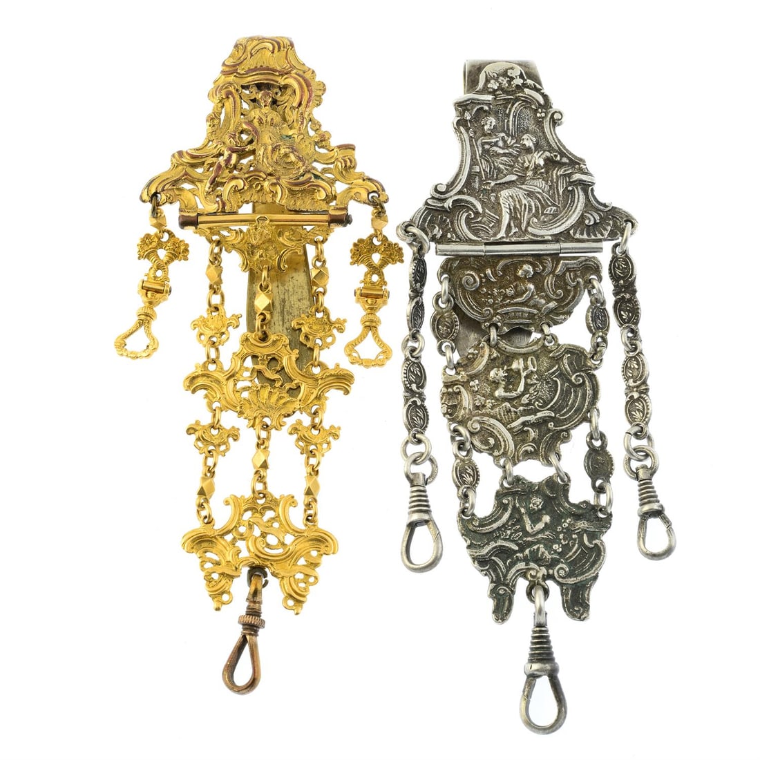 Two 19th century chatelaines: Two 19th century chatelaines. Length 12.7 to 13cms. Total weight 97.2gms. Condition Report: