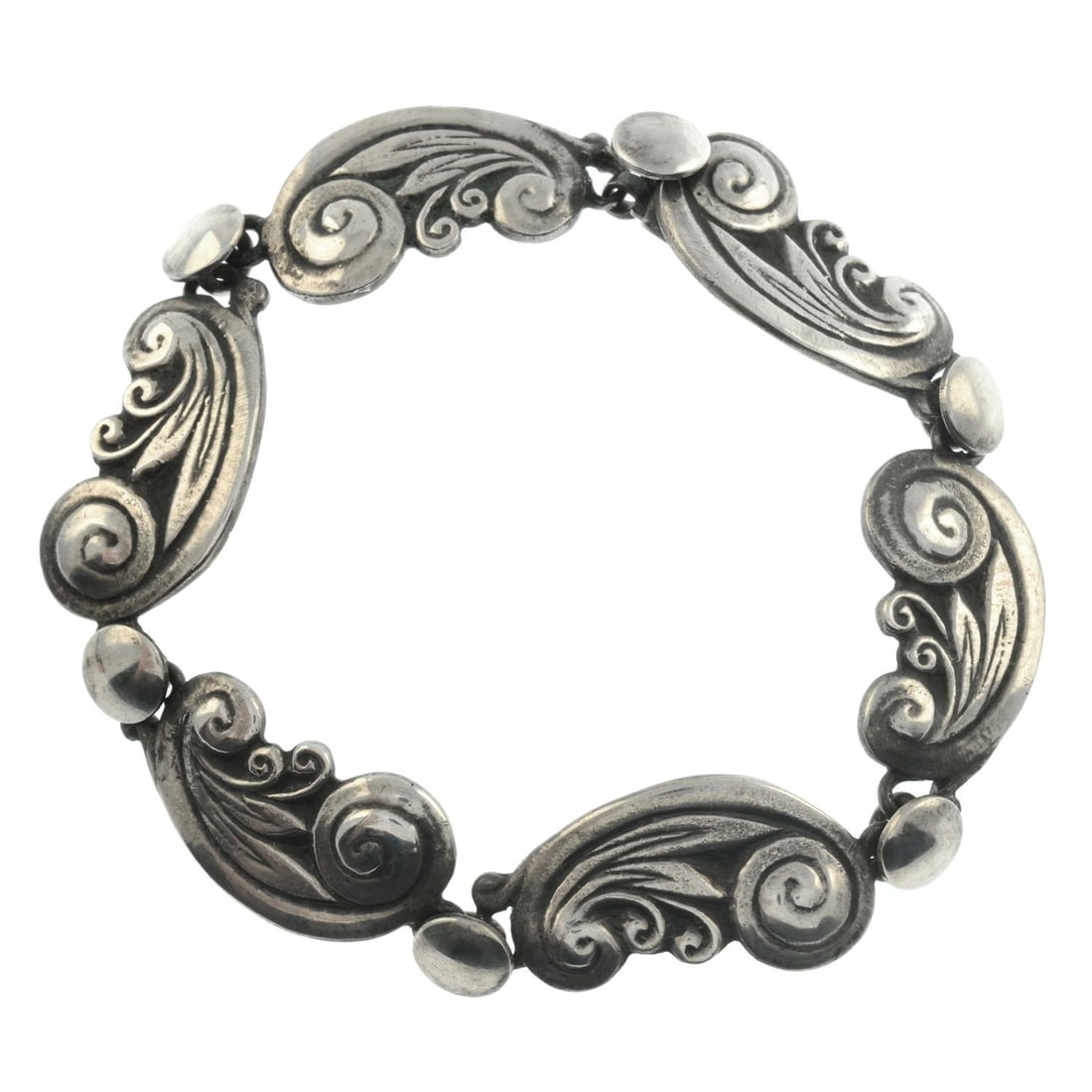 Arts & Crafts bracelet, Bernard Instone: An Arts and Crafts silver bracelet, by Bernard Instone. With maker's mark. Stamped SILVER. Length 17cms. 21.6gms. Condition Report: General light marks, wear, discolouration and dents in keeping with