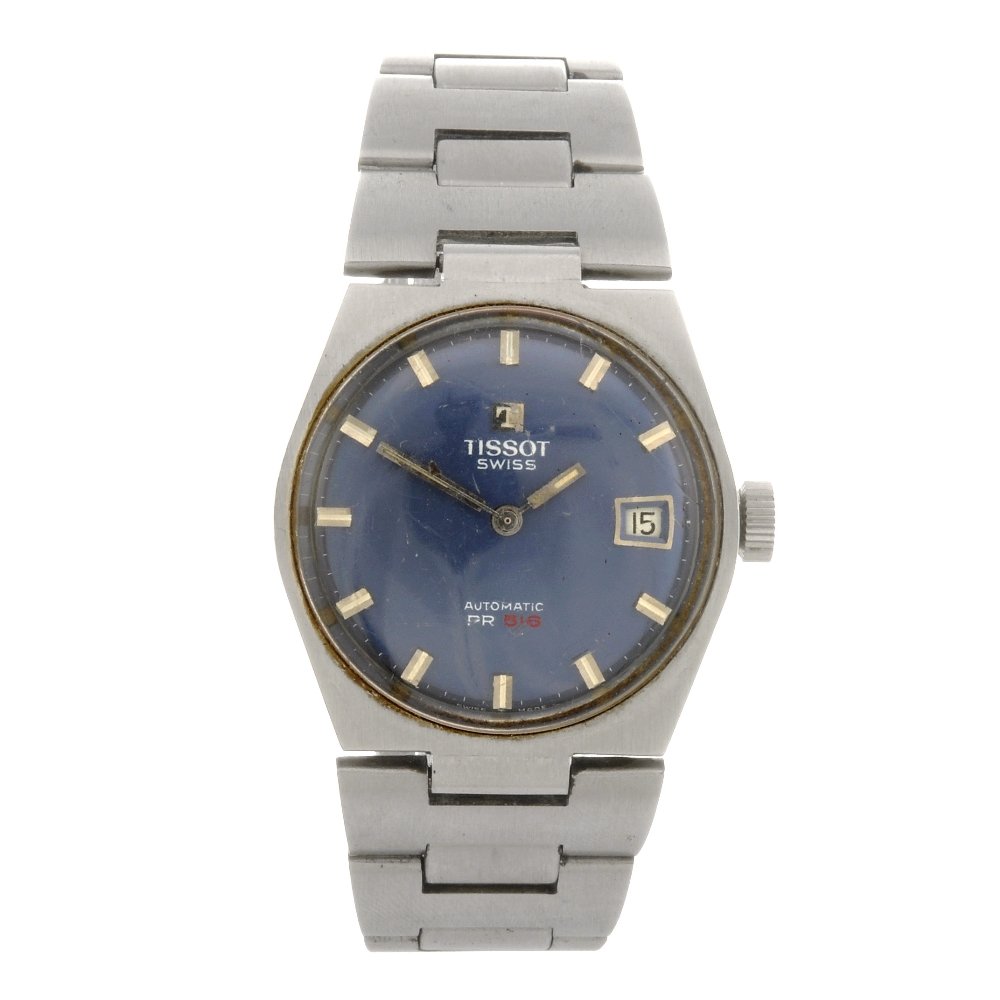A stainless steel automatic gentleman's Tissot PR: TISSOT - a stainless steel automatic gentleman's PR516 bracelet watch, the blue sunburst effect dial with hourly applied markers, bordered by a minute track, date aperture to three o'clock, tonneau sh