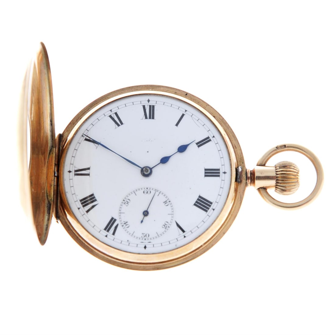 A half hunter pocket watch, 50mm.: A half hunter pocket watch. 9ct yellow gold case, hallmarked London 1904. Case width 50mm. Unsigned keyless wind movement with ratchet tooth lever escapement. White dial. 97gms. Condition Report: Move