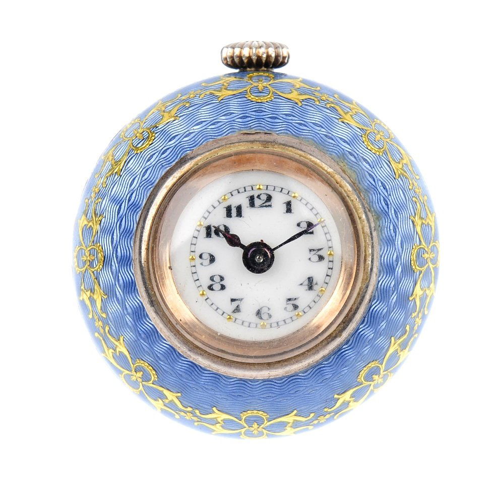 ROLEX - an early 20th century silver enamel fob wa: ROLEX - an early 20th century silver enamel fob watch. The white enamel dial with black Arabic numerals and outer minute, to the lavender colour guilloche enamel spherical fob with scrolling gilt acce