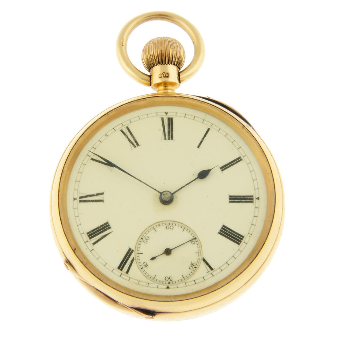 An open face pocket watch, 49mm.: An open face pocket watch. 18ct yellow gold case, hallmarked Chester 1897. Case width 49mm. Unsigned keyless wind three quarter plate movement with ratchet tooth lever escapement. White dial with Roma