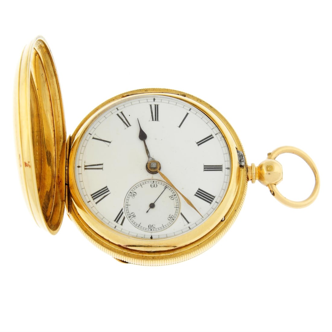 A full hunter pocket watch, 47mm.: A full hunter pocket watch by Kumer Schwer & Co. 18ct yellow gold case, hallmarked Chester 1876. Case width 47mm. Signed key wind fusee and chain movement with ratchet tooth level escapement. White di