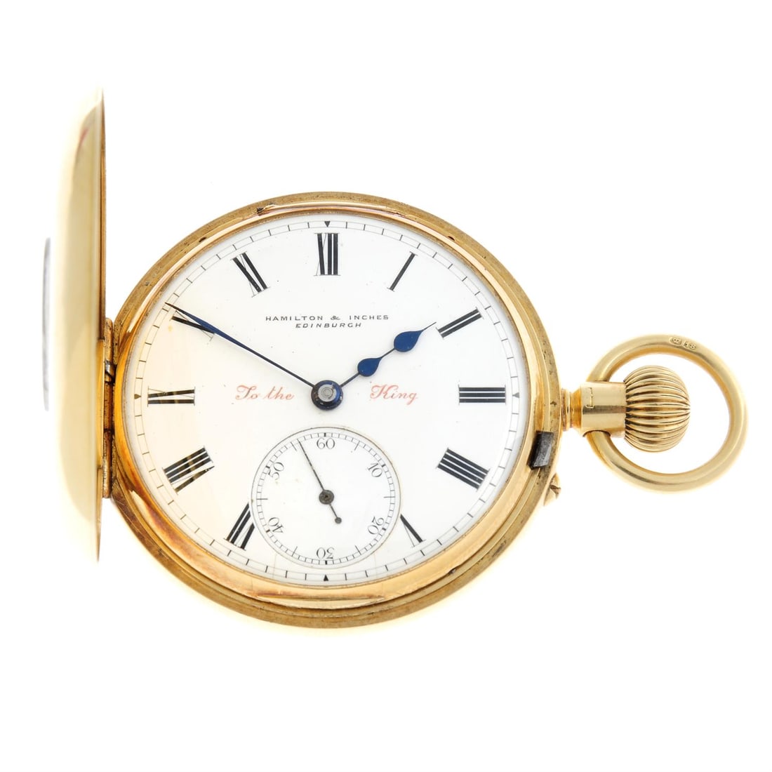 An half hunter pocket watch, 48mm.: A half hunter pocket watch by Hamilton & Inches. 18ct yellow gold case, hallmarked Birmingham 1900. Case width 48mm. Signed keyless wind half plate movement with ratchet tooth lever escapement. White