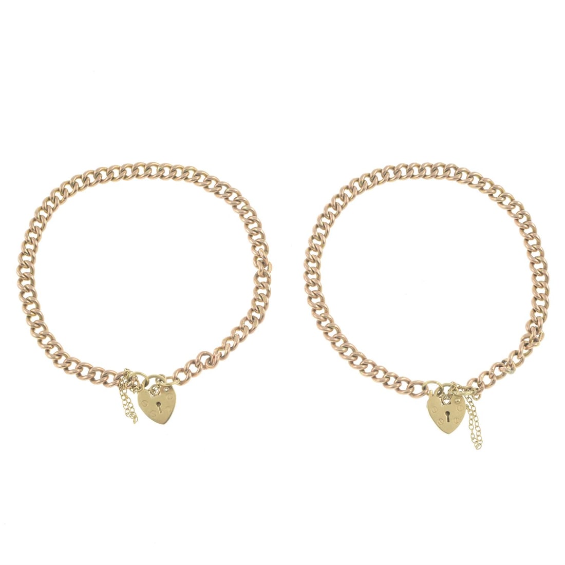 Two early 20th century bracelets: Two early 20th century 9ct gold curb-link chain bracelets, each with later replacement 9ct gold padlock clasp. Chains stamped 9 375. Padlocks with hallmarks for London, 1980. Length 20cms each.