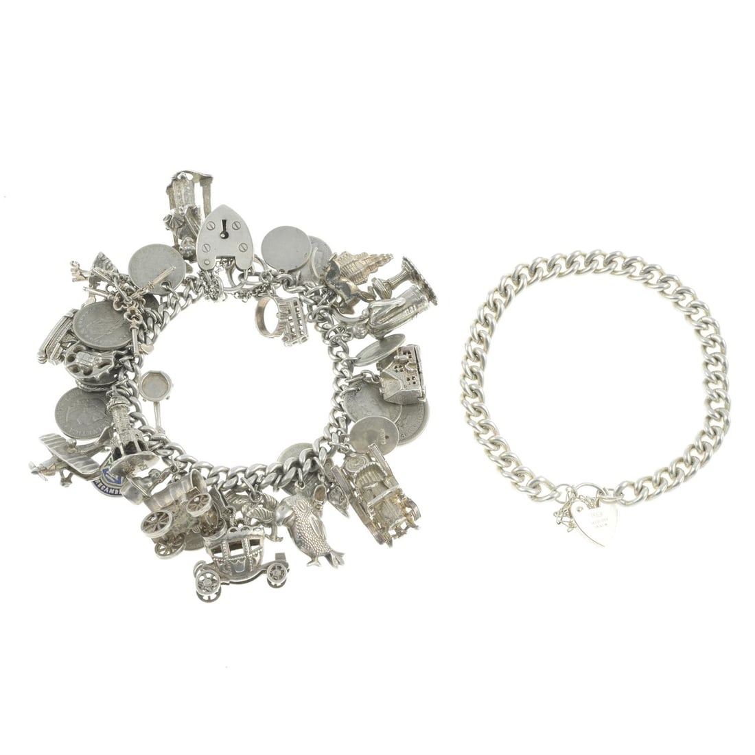 Two charm bracelets.: A charm bracelet, suspending forty assorted charms and coins, with padlock clasp, three charms with hallmarks and import marks for London, 1976, and 1977, two with marks indicating silver, padlock cla