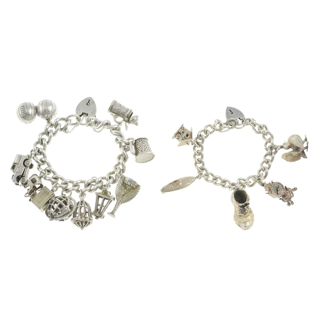 Two mid 20th century silver charm bracelets: Two mid 20th century silver charm bracelets, each with heart-shape padlock clasp and suspending variously designed charms. Some charms with stamps and hallmarks for sil