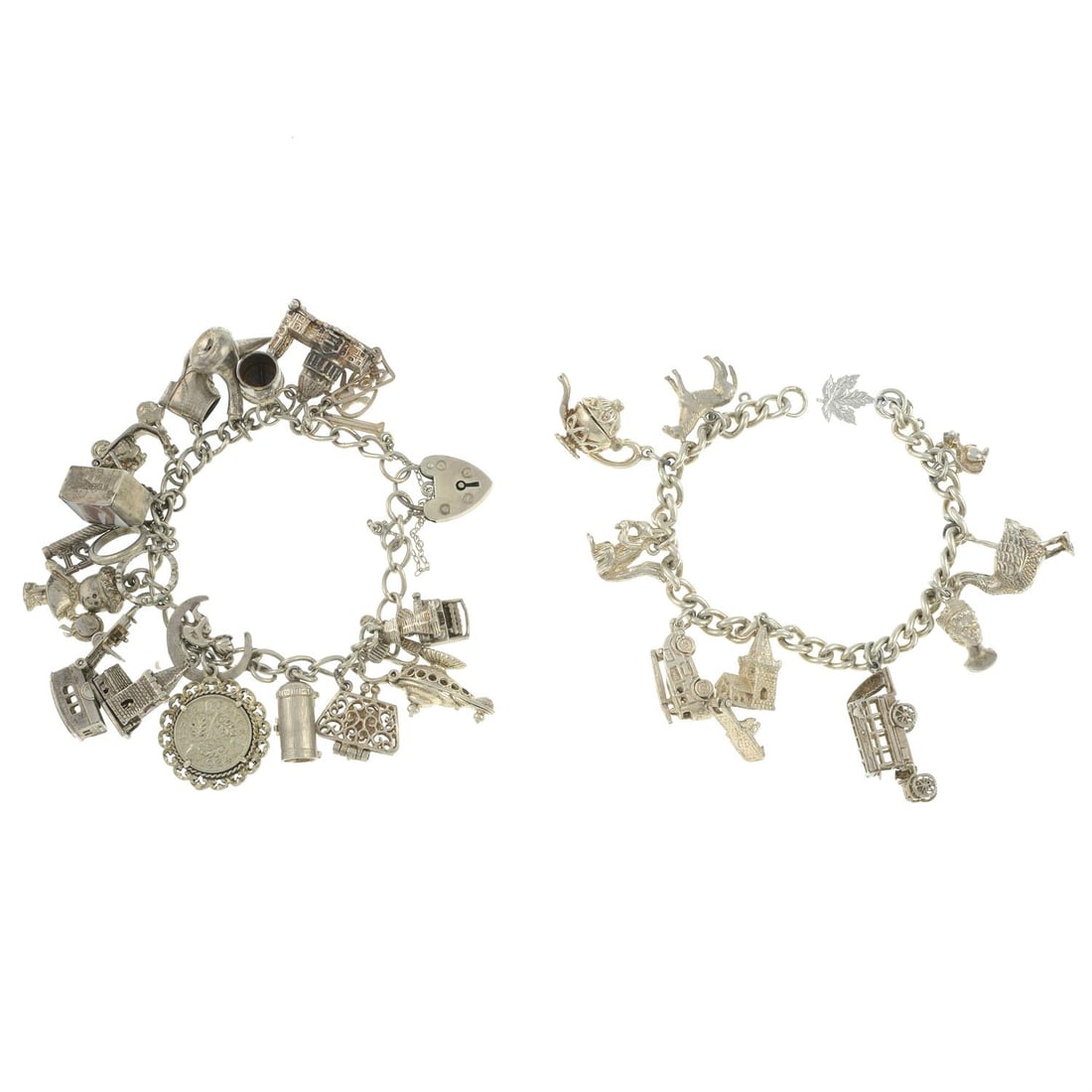 Two charm bracelets: A charm bracelet, suspending 10 charms to include a goose with egg, a fire engine and a bust of the queen, clasp deficient, chain with hallmarks for London, 1976, length 18cms, 54.4gms. A charm bracel