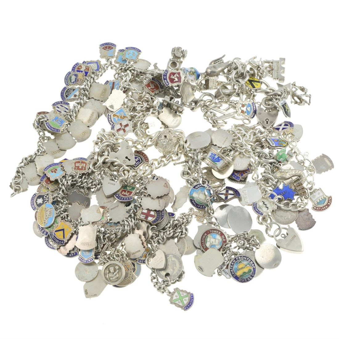 Ten charm bracelets, mostly with enamel charms: Ten charm bracelets, mostly with enamel charms. Approximately sixty-four charms, two bracelets and eight clasps with stamps for silver. Approximately two hundred charms. Total weight 449.4gm. C