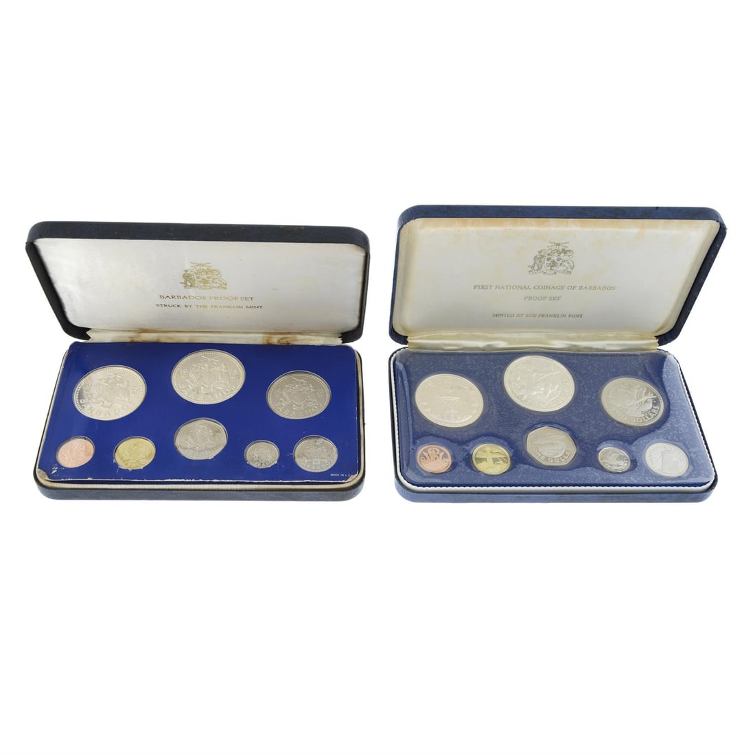 Group of 2 Barbados, First National Coinage Proof Sets.: Group of 2 Barbados, First National Coinage Proof Sets. Franklin mint (USA), 1973 & 1975. Each includes: 1. 10 Dollars. 2. 5 Dollars. 3. 2 Dollars. 4. 1 Dollar. 5. 25 Cents. 6. 10 Cents. 7. 5 Cents.