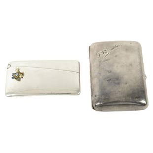 Edwardian silver cigarette case; plus an 800 standard card case. (2).: An Edwardian silver cigarette case, the curved, rectangular design with name engraving to top left corner, hallmarked Sampson Mordan & Co., London 1904; plus an 800 standard card case, with enamel coa