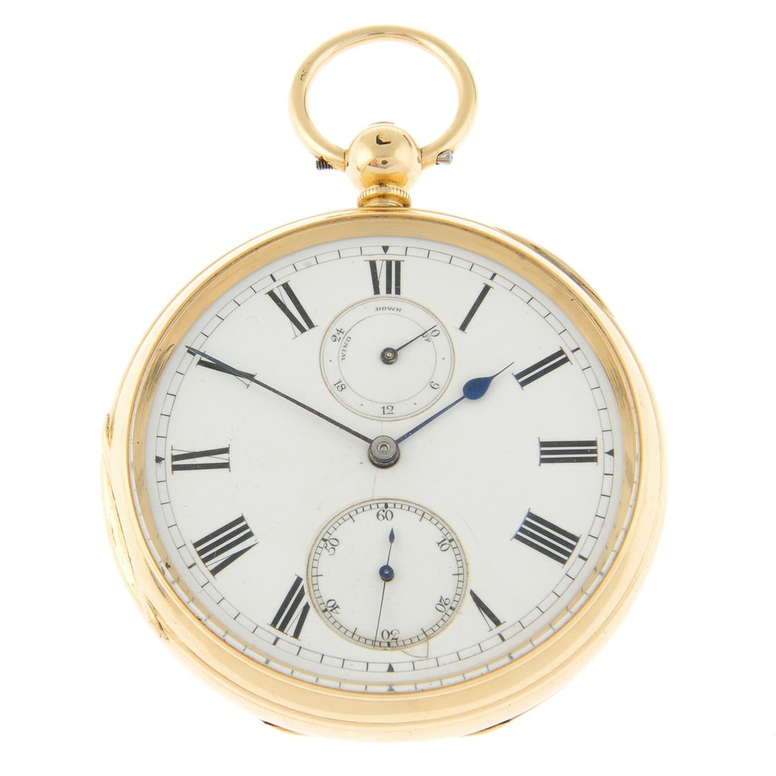 A pocket watch by Matherson, 54mm.: An open face pocket watch by Matherson. 18ct yellow gold case hallmarked 1878. Case width 54mm. Signed key wind three quarter plate movement with ratchet tooth lever escapement numbered 81122. White d