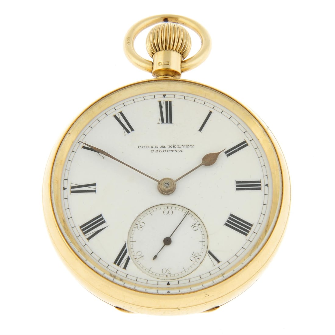 A pocket watch by Cooke & Kelvey, 47mm.: An open face pocket watch by Cooke & Kelvey. 18ct yellow gold case with engraved dust cover, Birmingham 1903. Case width 47mm. Signed keyless wind three quarter movement with ratchet tooth lever