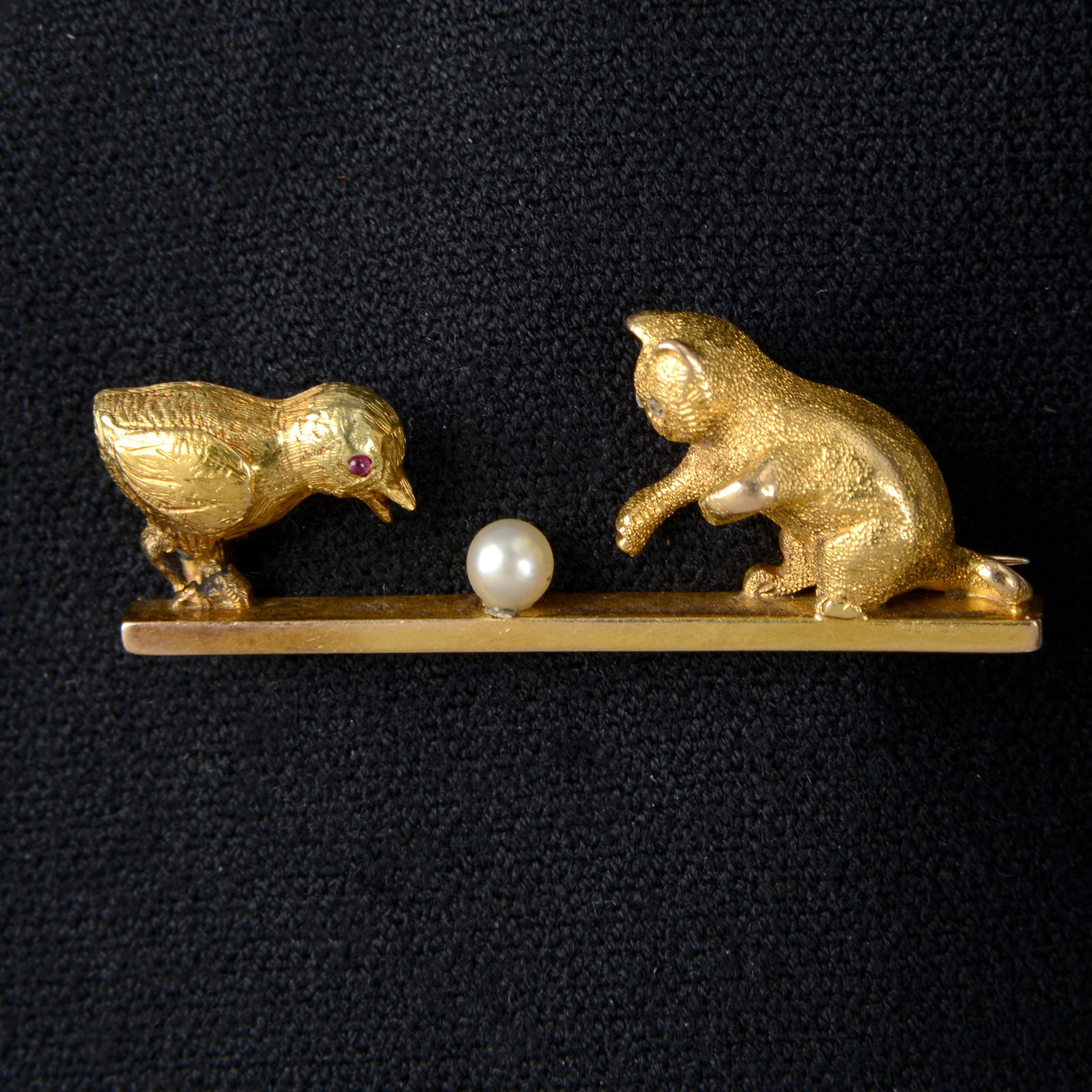 A late Victorian gold kitten and chick brooch, with ruby, diamond and seed pearl accents. Length (1 of 3)