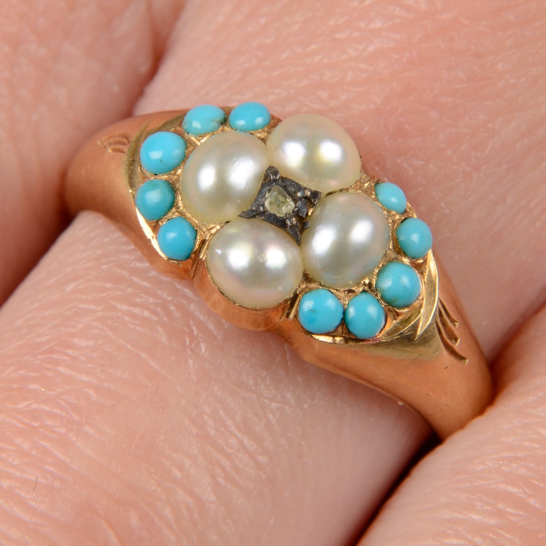 A mid to late Victorian gold, diamond, split pearl and turquoise ring. Ring size P. 2.5gms. (1 of 4)